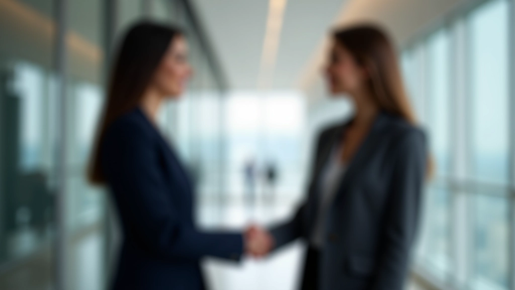 Две женщины в деловых костюмах пожимают руки в офисном коридоре, согласие и доверие