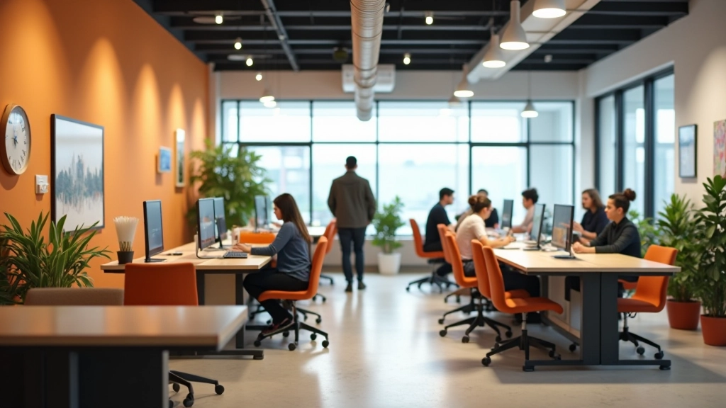 Интерьер коворкинга с открытым пространством, столами и зонами для работы