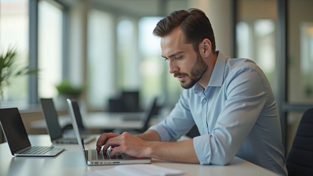 Человек сосредоточен на работе за компьютером в тихой рабочей зоне офиса