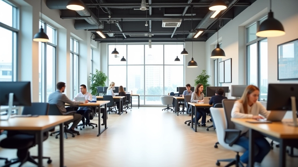 Современный коворкинг пространство с гибкими рабочими станциями, мягкой мебелью и открытой планировкой в Астане