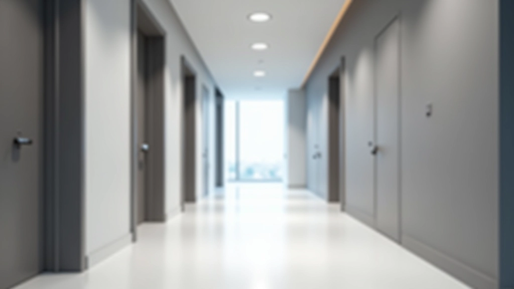 Коридор офисного здания с освещением и дверями кабинетов