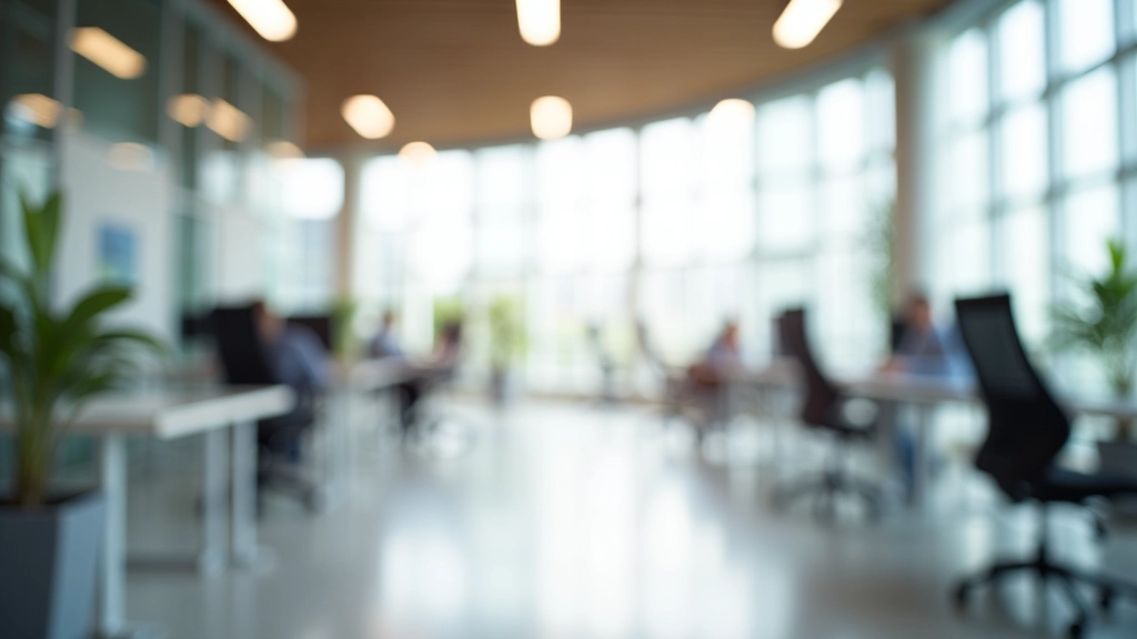 Современный офис открытой планировки с естественным освещением и растениями