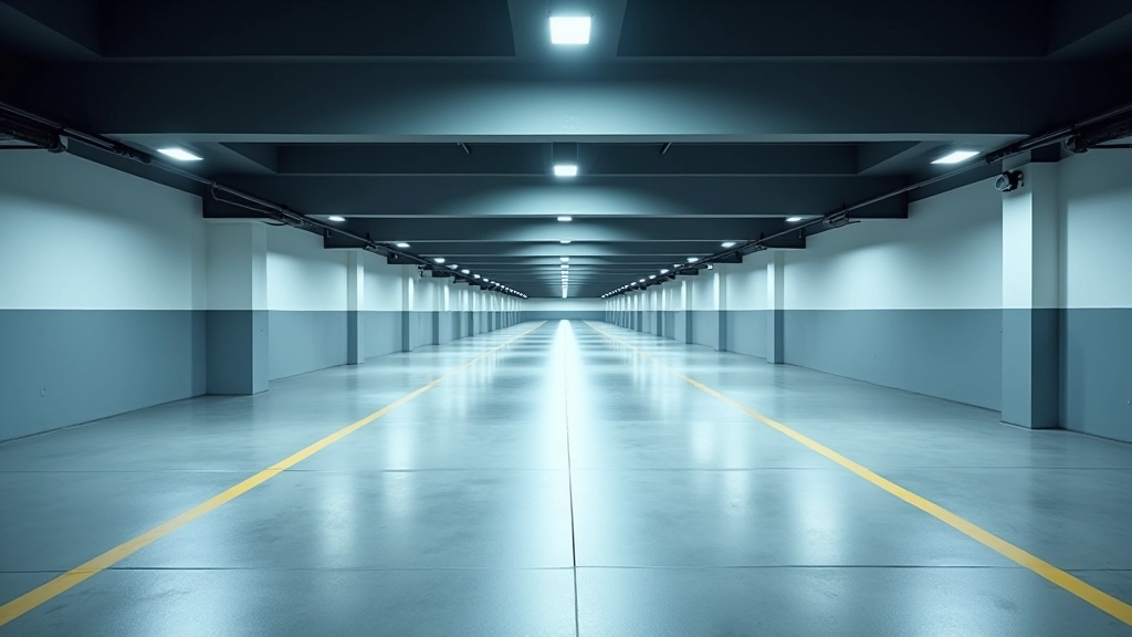 Подземная парковка в офисном здании с разметкой и освещением