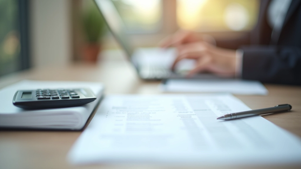 Финансовые документы и калькулятор на деревянном столе в офисе с диаграммами