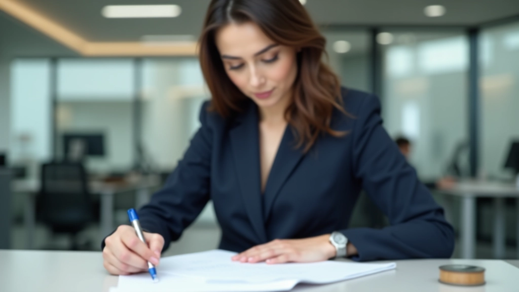 Деловая женщина подписывает договор в офисе, портрет со стороны, профессиональное деловое помещение